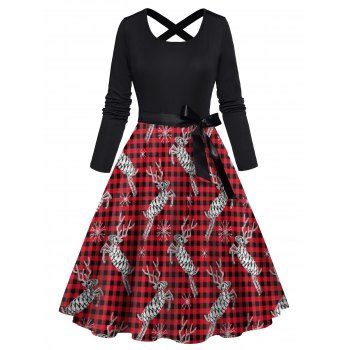 Christmas Elk Plaid Print Long Sleeve Dress Cross Bowknot Belt A Line Dress, Deep red
Christmas Elk Plaid Print Long Sleeve Dress Cross Bowknot Belt A Line Dress, Deep red