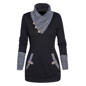 

Contrast Colorblock Knit Top Kangaroo Pocket Mock Button Ruched Long Sleeve Knitted Top, Black