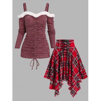 Faux Fur Cold Shoulder Cinched Heathered Knit Top And Plaid Print Lace-up Layered Handkerchief Skirt Casual Outfit, Deep red
Faux Fur Cold Shoulder Cinched Heathered Knit Top And Plaid Print Lace-up Layered Handkerchief Skirt Casual Outfit, Deep red