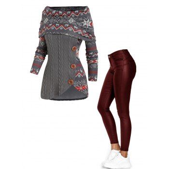 Cable Knit Elk Snowflake Geometric Print Foldover Asymmetrical Hem Sweater And PU Pants Casual Outfit, Multicolor
Cable Knit Elk Snowflake Geometric Print Foldover Asymmetrical Hem Sweater And PU Pants Casual Outfit, Multicolor