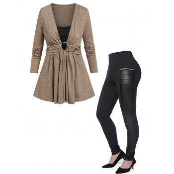 O Ring Heathered Faux Twinset T Shirt And Zipper Pockets Pleated Faux Leather Panel Pants Casual Outfit, Multicolor
O Ring Heathered Faux Twinset T Shirt And Zipper Pockets Pleated Faux Leather Panel Pants Casual Outfit, Multicolor