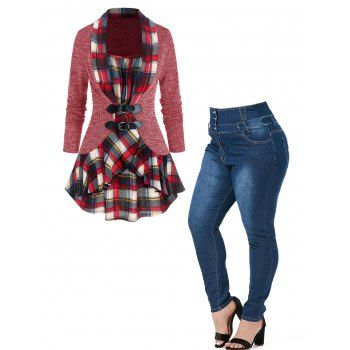 Plus Size Colorblock Plaid Print Panel Heather Overlay T Shirt And Pockets Button Long Jeans Casual Outfit, Multicolor
Plus Size Colorblock Plaid Print Panel Heather Overlay T Shirt And Pockets Button Long Jeans Casual Outfit, Multicolor