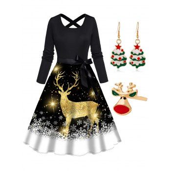 Elk Snowflake Print Cross Bowknot Belted A Line Dress And Christmas Tree Hook Earrings Finger Ring Xmas Outfit, Black
Elk Snowflake Print Cross Bowknot Belted A Line Dress And Christmas Tree Hook Earrings Finger Ring Xmas Outfit, Black