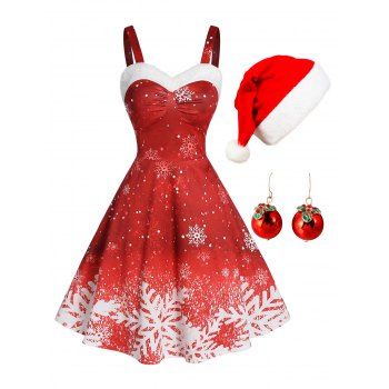 Snowflake Print Ombre Color Dress And Rhinestone Christmas Bell Earrings Hat Xmas Outfit, Red
Snowflake Print Ombre Color Dress And Rhinestone Christmas Bell Earrings Hat Xmas Outfit, Red
