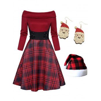 Plaid Print Panel Lace Up Off Foldover A Line Mini Dress And Glitter Santa Claus Earrings Hat Christmas Outfit, Red
Plaid Print Panel Lace Up Off Foldover A Line Mini Dress And Glitter Santa Claus Earrings Hat Christmas Outfit, Red