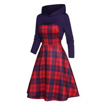 Plaid Print High Waisted A Line Mini Dress And Plain Color Hooded Shrug Top Two Piece Set, Concord
Plaid Print High Waisted A Line Mini Dress And Plain Color Hooded Shrug Top Two Piece Set, Concord