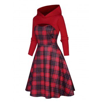 Plaid Print High Waisted A Line Mini Dress And Plain Color Hooded Shrug Top Two Piece Set, Deep red
Plaid Print High Waisted A Line Mini Dress And Plain Color Hooded Shrug Top Two Piece Set, Deep red