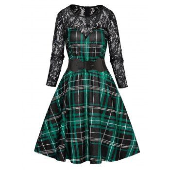 Plaid Print Sheer Flower Lace Belted Dress Long Sleeve High Waist Mini Dress, Green
Plaid Print Sheer Flower Lace Belted Dress Long Sleeve High Waist Mini Dress, Green