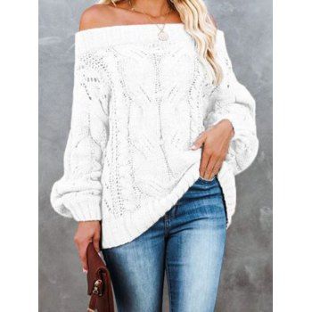 Cable Knit Sweater Plain Color Off the Shoulder Hollow Out Long Sleeve Pullover Sweater, White
Cable Knit Sweater Plain Color Off the Shoulder Hollow Out Long Sleeve Pullover Sweater, White