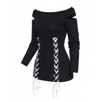 

Lace Up Knit Top Two Tone Color Cut Out Long Sleeve Pullover Knitted Top, Black