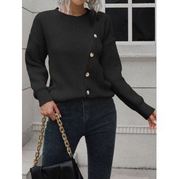 Textured Plain Color Sweater Mock Button Round Neck Pullover Long Sleeve Sweater, Black
Textured Plain Color Sweater Mock Button Round Neck Pullover Long Sleeve Sweater, Black