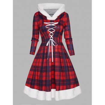 Christmas Hooded Dress Plaid Print Lace Up Long Sleeve High Waisted A Line Midi Dress, Deep red
Christmas Hooded Dress Plaid Print Lace Up Long Sleeve High Waisted A Line Midi Dress, Deep red