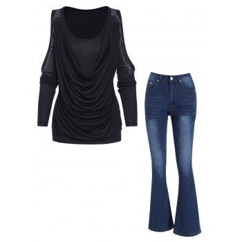 Cold Shoulder Sparkly Rhinestone Draped Top And Dark Wash Flare Jeans Casual Outfit, Multicolor
Cold Shoulder Sparkly Rhinestone Draped Top And Dark Wash Flare Jeans Casual Outfit, Multicolor