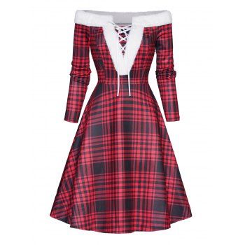 Christmas Dress Off the Shoulder Faux Fur Panel Lace Up Long Sleeve A Line Midi Dress, Deep red
Christmas Dress Off the Shoulder Faux Fur Panel Lace Up Long Sleeve A Line Midi Dress, Deep red