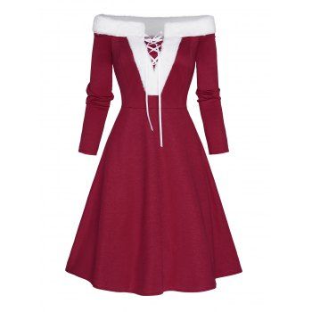 Christmas Dress Off the Shoulder Faux Fur Panel Lace Up Long Sleeve A Line Midi Dress, Red
Christmas Dress Off the Shoulder Faux Fur Panel Lace Up Long Sleeve A Line Midi Dress, Red