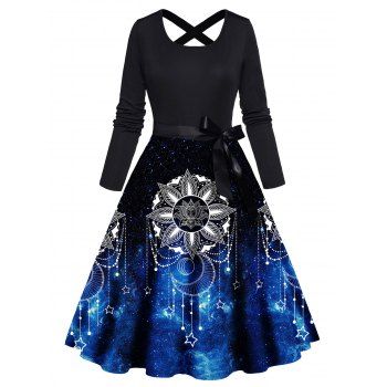 Flower Galaxy Moon Star Pattern Dress Crisscross Bowknot Belted High Waisted A Line Midi Dress, Blue
Flower Galaxy Moon Star Pattern Dress Crisscross Bowknot Belted High Waisted A Line Midi Dress, Blue