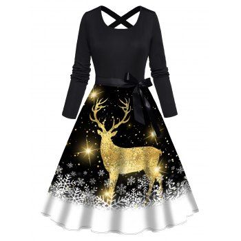 

Christmas Elk Snowflake Print Long Sleeve Dress Cross Bowknot Belted A Line Dress, Black