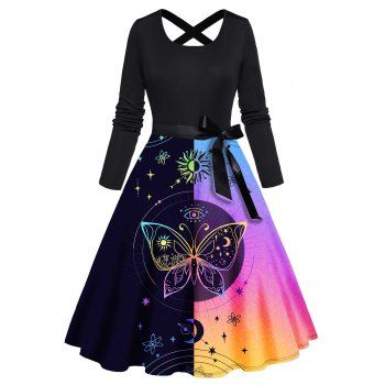 Contrast Colorblock Dress Butterfly Sun Pattern Bowknot Belted Crisscross High Waisted A Line Midi Dress, Multicolor
Contrast Colorblock Dress Butterfly Sun Pattern Bowknot Belted Crisscross High Waisted A Line Midi Dress, Multicolor