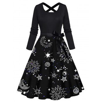 

Galaxy Sun Moon Star Print Dress Crisscross Bowknot Belted High Waisted A Line Midi Dress, Black