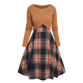 Crossover Cable Knit Cropped Knit Top And Vintage Plaid Print High Waisted A Line Mini Dress Two Piece Set, Coffee
Crossover Cable Knit Cropped Knit Top And Vintage Plaid Print High Waisted A Line Mini Dress Two Piece Set, Coffee