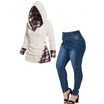 Plus Size Plaid Print Twisted Knit Mock Button Hooded Sweater And Zipper Fly High Waist Buttons Long Jeans Outfit, Multicolor
Plus Size Plaid Print Twisted Knit Mock Button Hooded Sweater And Zipper Fly High Waist Buttons Long Jeans Outfit, Multicolor