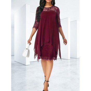 

Sheer Lace Panel Chiffon Dress Long Sleeve Asymmetric Dress, Deep red
