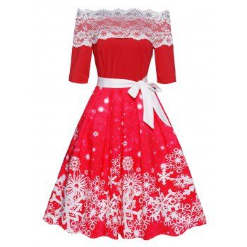 Christmas Dress Snowflake Print Flower Lace Panel Off The Shoulder Belted A Line Mini Dress, Red
Christmas Dress Snowflake Print Flower Lace Panel Off The Shoulder Belted A Line Mini Dress, Red