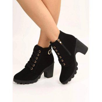 

Chunky Heel Faux Leather Boots Lace Up Zipper Lug Sole Boots, Black