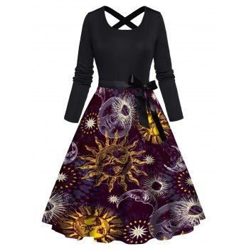 Celestial Sun Moon Print Long Sleeve Dress Bowknot Belt Cross A Line Dress, Black
Celestial Sun Moon Print Long Sleeve Dress Bowknot Belt Cross A Line Dress, Black
