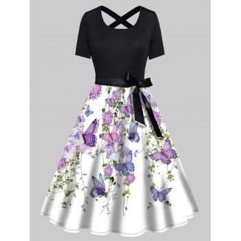 Flower Butterfly Print Short Sleeve Combo Dress Bowknot Belt Cross High Waist A Line Dress, Black
Flower Butterfly Print Short Sleeve Combo Dress Bowknot Belt Cross High Waist A Line Dress, Black