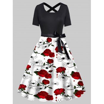 Flower Spider Print A Line Dress Bowknot Belted Cross Short Sleeve High Waist Dress, Black
Flower Spider Print A Line Dress Bowknot Belted Cross Short Sleeve High Waist Dress, Black