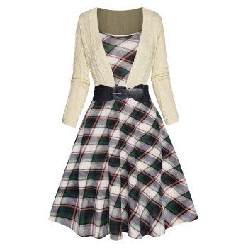 Cable Knit Faux Twinset Dress Colored Plaid Print Bowknot Buckle Long Sleeve A Line Mini Dress, Light coffee
Cable Knit Faux Twinset Dress Colored Plaid Print Bowknot Buckle Long Sleeve A Line Mini Dress, Light coffee