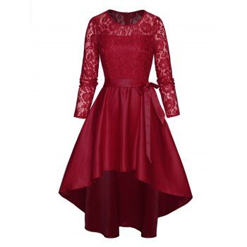 Plain Color Dress Flower Lace Dress Long Sleeve Belted High Waisted High Low Midi Party Dress, Red
Plain Color Dress Flower Lace Dress Long Sleeve Belted High Waisted High Low Midi Party Dress, Red