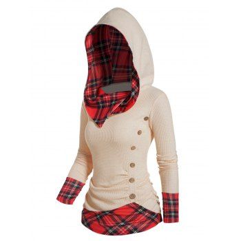 Plaid Print Panel Textured Hooded Top Mock Button Ruched Long Sleeve Top, Light coffee
Plaid Print Panel Textured Hooded Top Mock Button Ruched Long Sleeve Top, Light coffee