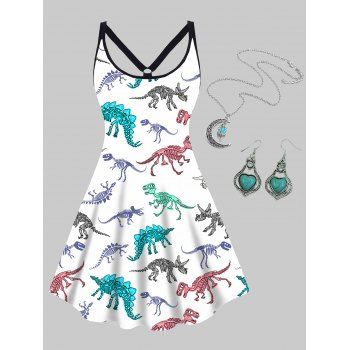 Plus Size Colored Skeleton Dinosaur Print High Waisted A Line Mini Dress And Moon Necklace Earrings Outfit, White
Plus Size Colored Skeleton Dinosaur Print High Waisted A Line Mini Dress And Moon Necklace Earrings Outfit, White