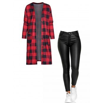 Plaid Print Front Pocket Button Up Longline Top And Zipper Fly Pockets Long PU Pants Casual Outfit, Red
Plaid Print Front Pocket Button Up Longline Top And Zipper Fly Pockets Long PU Pants Casual Outfit, Red