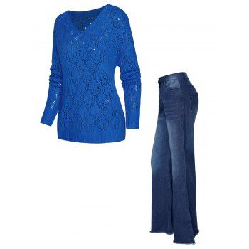 Hollow Out Drop Shoulder Sweater And Dark Wash Zipper Fly Frayed Hem Jeans Casual Outfit, Blue
Hollow Out Drop Shoulder Sweater And Dark Wash Zipper Fly Frayed Hem Jeans Casual Outfit, Blue