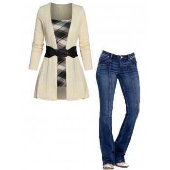 Cable Knit Colored Plaid Print Bowknot Buckle Faux Twinset Top And Topstitching Flare Jeans Casual Outfit, Multicolor
Cable Knit Colored Plaid Print Bowknot Buckle Faux Twinset Top And Topstitching Flare Jeans Casual Outfit, Multicolor