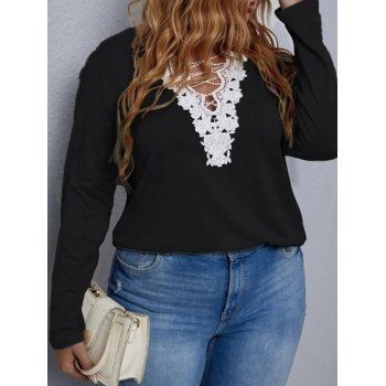 Plus Size T Shirt Flower Lace Panel Crisscross Round Neck Long Sleeve Tee, Multicolor a
Plus Size T Shirt Flower Lace Panel Crisscross Round Neck Long Sleeve Tee, Multicolor a