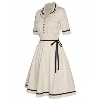 Pleated Contrast Piped Dress Mock Button Turn Down Collar Belted High Waisted A Line Mini Dress, Light yellow
Pleated Contrast Piped Dress Mock Button Turn Down Collar Belted High Waisted A Line Mini Dress, Light yellow