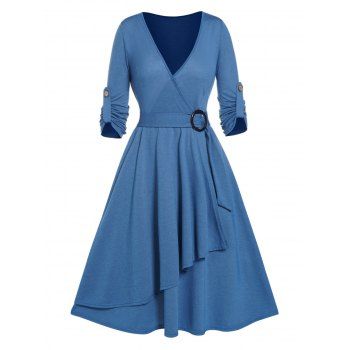 Surplice Plung Long Sleeve Midi Dress Solid Color O-ring Belt High Waist Dress, Blue
Surplice Plung Long Sleeve Midi Dress Solid Color O-ring Belt High Waist Dress, Blue