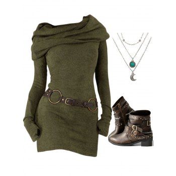 Cowl Neck Hooded Belted Long Knit Dress And Layered Moon Necklace Punk Chunky Heel Boots Outfit, Deep green
Cowl Neck Hooded Belted Long Knit Dress And Layered Moon Necklace Punk Chunky Heel Boots Outfit, Deep green