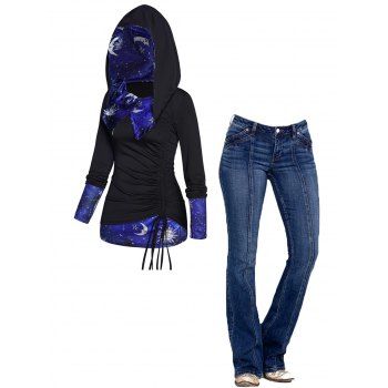 Sun Star Moon Print Foldover Cinched Long Sleeve Hooded Top And Topstitching Zipper Fly Long Flare Jeans Outfit, Multicolor
Sun Star Moon Print Foldover Cinched Long Sleeve Hooded Top And Topstitching Zipper Fly Long Flare Jeans Outfit, Multicolor