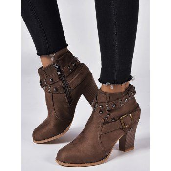 Rivets Cross Straps Zip Up Chunky Heel Boots, Deep coffee 
Rivets Cross Straps Zip Up Chunky Heel Boots, Deep coffee