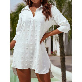 Swiss Dots High Low Vacation Mini Dress Half Sleeve Solid Color Pocket Patch V Neck Dress, White
Swiss Dots High Low Vacation Mini Dress Half Sleeve Solid Color Pocket Patch V Neck Dress, White