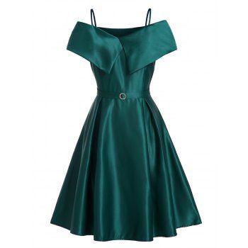 Cold Shoulder Party Dress Foldover Spaghetti Straps Rhinestone Ring Detail A Line Mini Dress, Deep green
Cold Shoulder Party Dress Foldover Spaghetti Straps Rhinestone Ring Detail A Line Mini Dress, Deep green