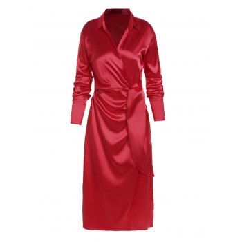 

Solid Color Surplice V Neck Maxi Dress Long Sleeve High Waist Party Dress, Red