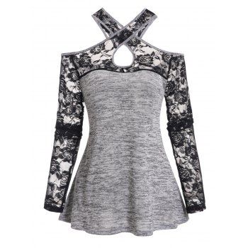 Cold Shoulder Sheer Flower Lace Panel Top Crossover Long Sleeve Heathered Top, Light gray
Cold Shoulder Sheer Flower Lace Panel Top Crossover Long Sleeve Heathered Top, Light gray