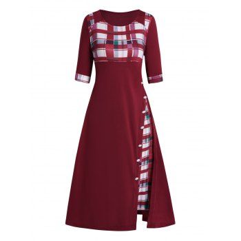 Plaid Print Panel Dress Mock Button Godet Dress Half Sleeve A Line Midi Dress, Red
Plaid Print Panel Dress Mock Button Godet Dress Half Sleeve A Line Midi Dress, Red