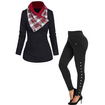 Scoop Neck Solid Color Knit Top With Plaid Print Scarf And Snap Button Side Leggings Casual Outfit, Black
Scoop Neck Solid Color Knit Top With Plaid Print Scarf And Snap Button Side Leggings Casual Outfit, Black